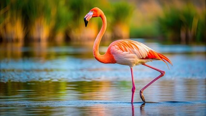 Wall Mural - Graceful flamingo standing in water, displaying vibrant pink feathers and slender legs, flamingo, water, pink, feathers, legs