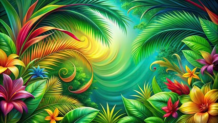 Sticker - Vibrant tropical colors swirl on a lush green background, Exhilarating, bright, tropical, colors, swirl, rich