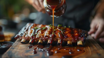 High angle of anonymous cook pouring barbecue on grilled ribs placed on wooden chopping board against blurred background. 