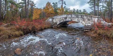 Canvas Print - Scenic Autumn Landscape Featuring an Ancient Stone Bridge Over a Flowing Stream Surrounded by Vibrant Fall Foliage and Pine Trees