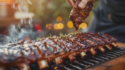 High angle of anonymous cook pouring barbecue on grilled ribs placed on wooden chopping board against blurred background. 