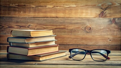 Sticker - Still life arrangement of various books and a pair of glasses on a wooden table , education, reading, learning, literature