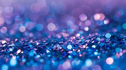 Wall Mural - Sequins close-up macro. Abstract background with blue sequins and lilac color on the fabric. Texture scales of round sequins with color transition.