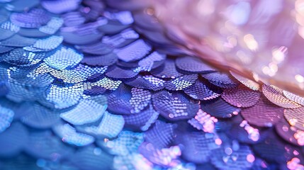 Wall Mural - Sequins close-up macro. Abstract background with blue sequins and lilac color on the fabric. Texture scales of round sequins with color transition.