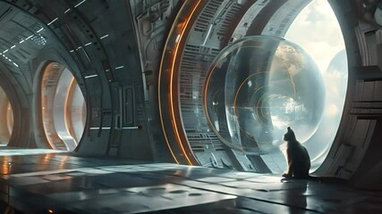 Wall Mural - Cat Watching Earth from Futuristic Spacecraft with Ai generated.

