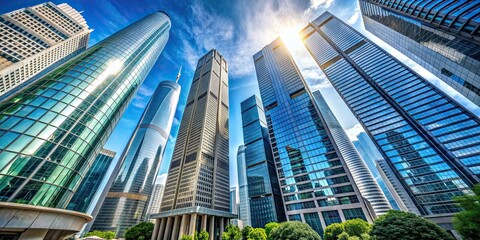 Wall Mural - View of modern skyscrapers from ground level, skyscrapers, buildings, city, urban, architecture, tall, sky