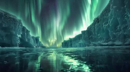 the northern lights over an ice cave