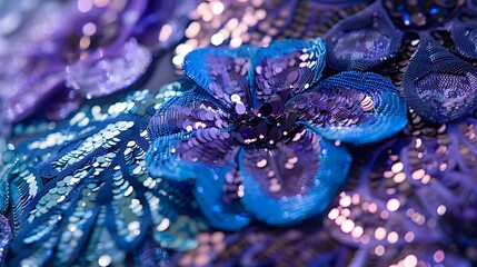 Wall Mural - Sequins close-up macro. Abstract background with blue sequins and lilac color on the fabric. Texture scales of round sequins with color transition.