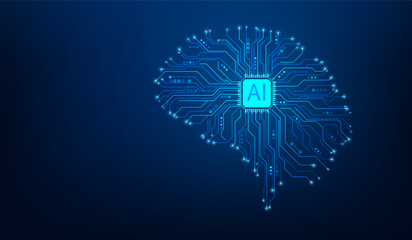 Wall Mural - artificial intelligence brain line circuit technology blue background. machine learning data digital