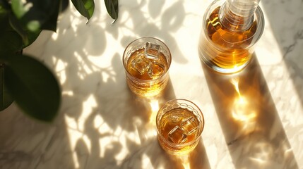 Two glasses with alcohol drink and bottle on table with a laptop