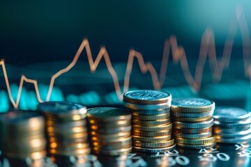 Stacks of Coins Against a Stock Chart Background