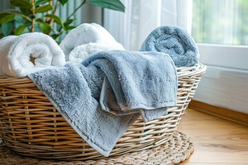 a basket filled with towels on top of a wooden floor