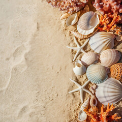 decorative seashells and starfish on the sandy coastal decor beach seaside providing empty blank area for copy space for text