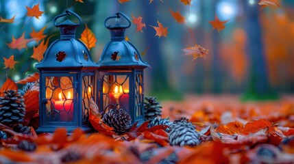 Sticker - Two lanterns with candles amidst pine cones and autumn leaves in a forest, creating a cozy fall ambiance.