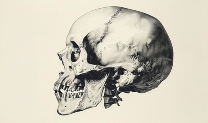 Highly detailed black and white illustration of a human skull on a clean white background.