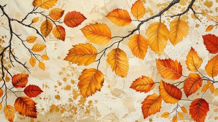 Wall Mural - An artistic illustration of autumn leaves on branches, featuring warm hues of orange and gold, evoking the beauty of fall.