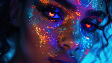 Wall Mural - Close-up of a woman's face adorned with colorful neon glitter makeup, creating a vibrant and artistic look.