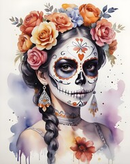 Wall Mural - Day of the Dead watercolor retro. White background. Generative AI.