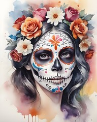 Wall Mural - Day of the Dead watercolor retro. White background. Generative AI.