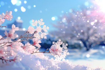 Wall Mural - Winter Wonderland: Snowflakes and Ice Crystals on Blue Sky Background - Panoramic Banner