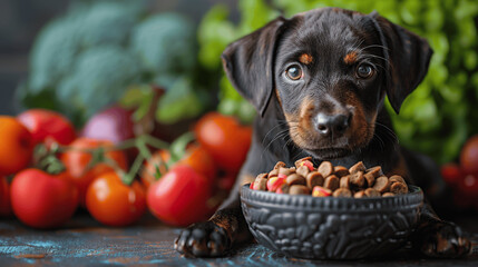 Cute Puppy Labrador with Healthy Dog Food in Bowl Surrounded by Fresh Vegetables on Green Background, Organic Pet Diet Concept