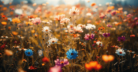 Wall Mural - Vibrant wildflower meadow in summer with sunbeams and bokeh lights - beautiful nature scenery