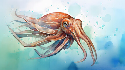 Wall Mural - Squid in a nature Watercolor Style