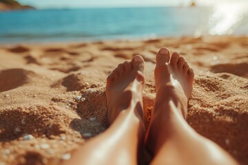 Sticker - a womans feet on the beach at sunset