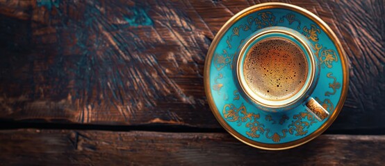 Poster - A cup of coffee with patterns on it on a wooden table