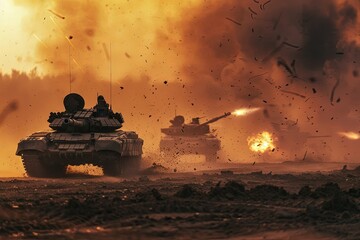 Poster - a tank is driving through a field with a lot of smoke in the background