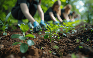 Young People Volunteering and Planting Trees in a Community Garden for Environment and Habitat Restoration