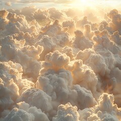 Wall Mural - Beautiful fluffy clouds with soft warm lighting in golden tones. 