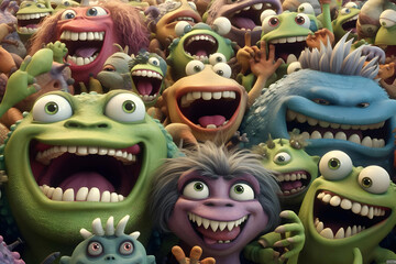 Poster - Happy Monster Crowd 3D Illustration