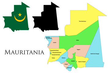 MAURITANIA administrative divisions. MAURITANIA flag and map illustration vector. Districts of MAURITANIA