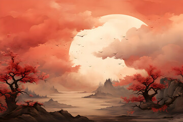 Canvas Print - Fantasy Landscape with Pink Trees and a Full Moon Illustration