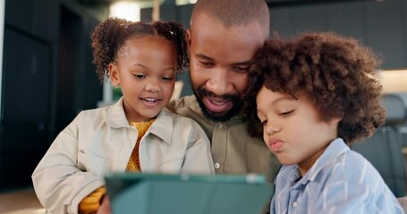 Poster - Father, kids and tablet for e learning, online cartoon streaming and internet gaming for black family bonding together. Man, children and film watch at home with connection, subscription and smile