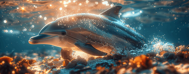 Wall Mural - Cute Dolphin Swimming Underwater with Sunlight Beams in Hyper Realistic Style