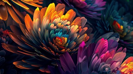 Wall Mural - beautiful abstract colorful flower. ultrawide 21:9 wallpaper background perfect for oled display with vibrant colors on dark. for ads web design, prints and copy