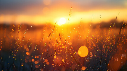 Poster - Dew Drops on Grass at Sunset - Photo