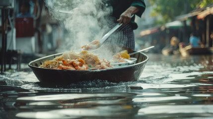 A close-up of a vendor preparing a traditional Thai dish in a floating kitchen boat