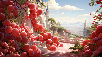 Poster - Fantasy Illustration - Red Fruit Vines on a Balcony with a View