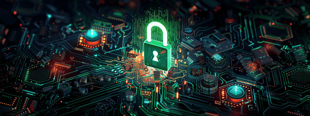 Wall Mural - Cybersecurity and Secure Connection Digital Lock Icon with Holographic Elements on Circuit Board Background - Wide Banner Design with Copyspace