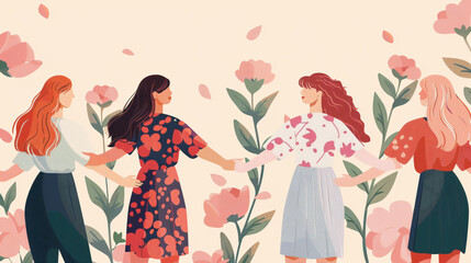 Women in a Floral Garden Holding Hands