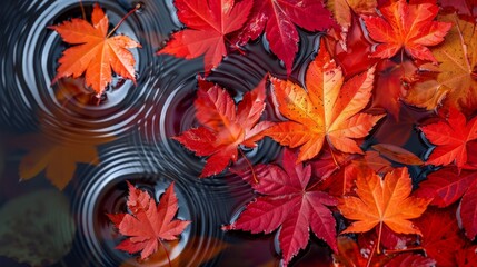 Wall Mural - Red maple leaves falling onto water making ripples. 