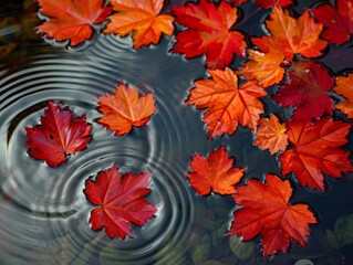 Sticker - Red maple leaves falling onto water making ripples. 