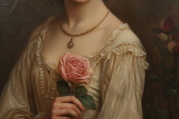 Poster - Woman holding a rose painting art necklace.