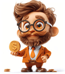 3d cartoon happy businessman holding gold coin with dollar sign on white background