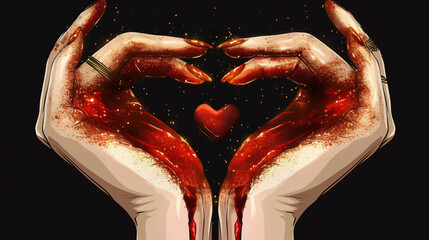 Blood-red hands form a heart shape with blood dripping from the fingertips