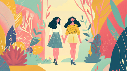 Two women walking in a colorful forest