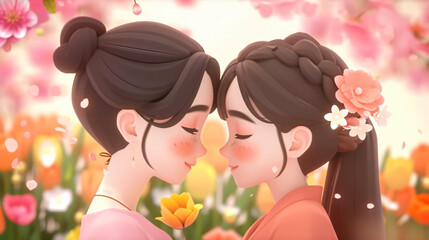 Two cute cartoon girls with pink outfits and brown hair smelling pink flowers in a field of pink and yellow flowers